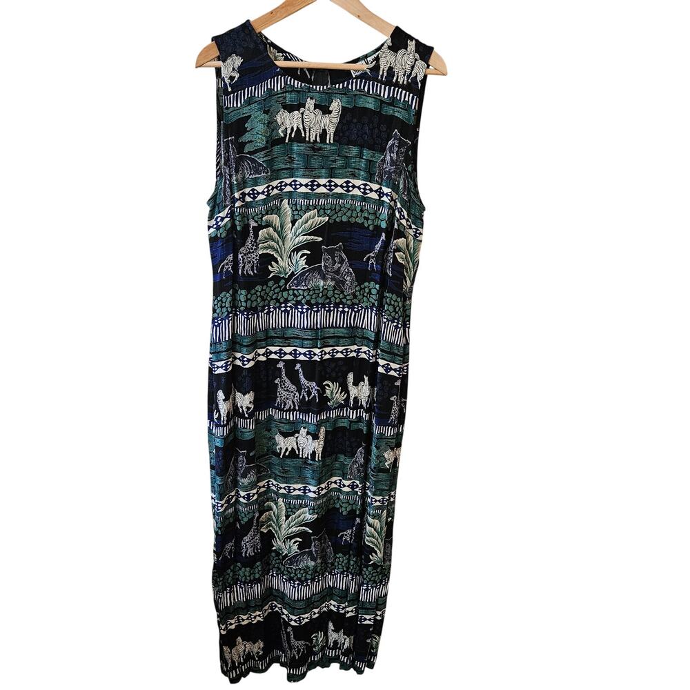 Vintage 90s Safari Print Maxi Dress Size 16 Sleeveless Giraffe Zebra African